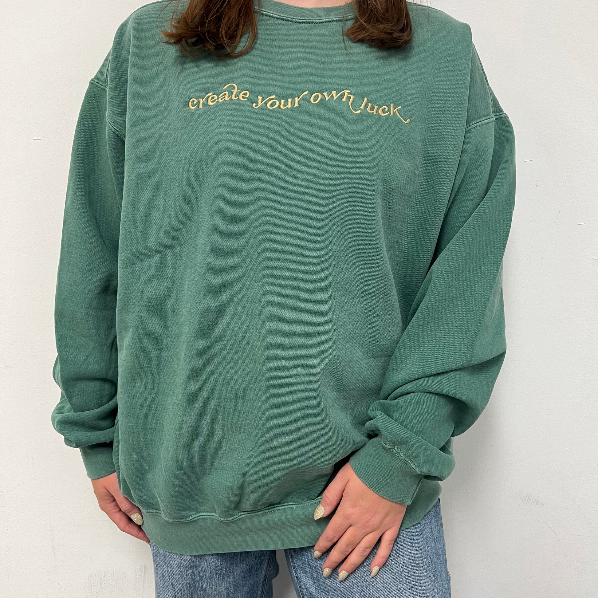 Crewneck Embroidered Sweatshir Luxe Your Green Own Luck Create Boutique Maddie Green Comfort –